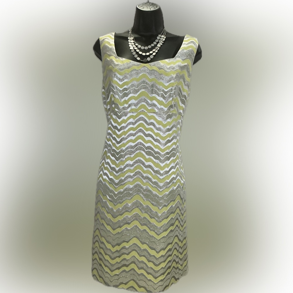 Lilly Pulitzer Yellow Silver Metallic Chevron Sheath Dress Size 12